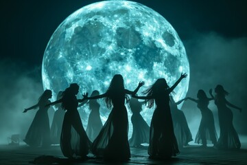 Naklejka premium Dance group under a bright full moon with fog