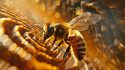 A honey bee on a honeycomb. Close-up. The sun's rays. Realistic photography. Eco honey production. A farmer's apiary.  Business concept.