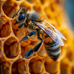 A honey bee on a honeycomb. Close-up. The sun's rays. Realistic photography. Eco honey production. A farmer's apiary.  Business concept. - obrazy, fototapety, plakaty