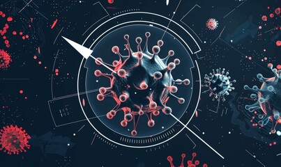 Digital background featuring digital virus and black blue tech elements with white outlines The composition includes an arrow pointing to the center of the circle Generative AI