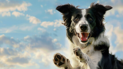 A cheerful black and white dog with a raised paw, smiling with its tongue out in a sunny outdoor...