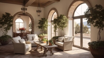 Tuscan-inspired indoor arched loggia with vaulted brick ceilings wood beams stone floors vintage arched doors and potted citrus trees.