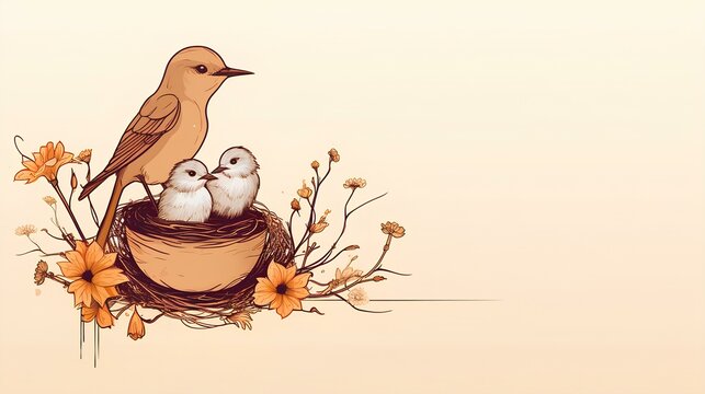 A serene scene of a mother bird feeding her chicks in a nest, depicted with a single line drawing for a heartwarming Mother's Day card.