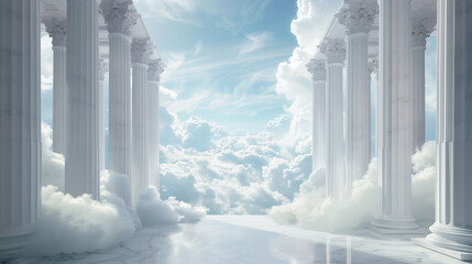Classical White Columns Architecture with Ethereal Cloudy Sky - obrazy, fototapety, plakaty