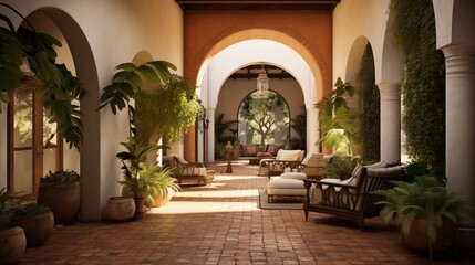 Fototapeta na wymiar Tuscan-inspired indoor courtyard with domed brick ceiling stone floors arched openings and integrated citrus grove.