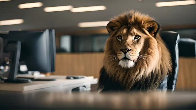 Portrait of lion dressed in formal business suit with tie and jacket. Humanized lion's portrait