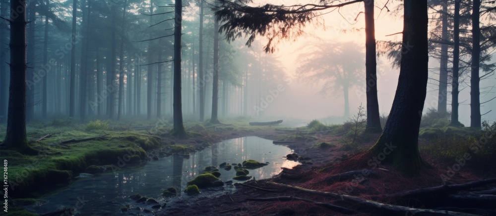 Poster the sun filters through the trees in the foggy forest, creating a mystical atmosphere in the natural