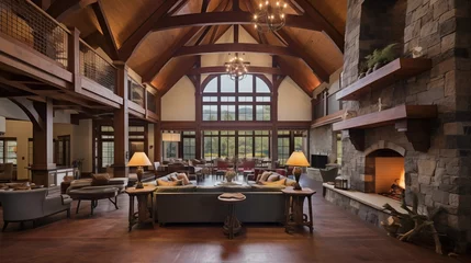 Plaid avec motif Mur chinois Two-story architectural great room with 25-foot vaulted beamed ceilings massive stone fireplace and lofted metal walkways above.