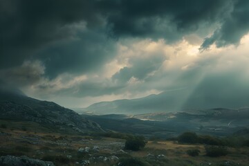 Dramatic Cloudscape: Dark storm clouds gathering over a landscape, creating a moody and dramatic atmosphere.

