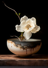 A white flower and a small bowl, generative ai
