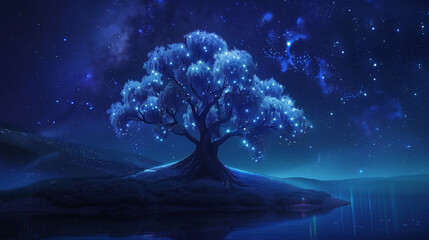 Magical Glowing Tree Under Starry Night Sky Illustration