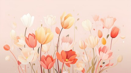 An artistic composition with hand-drawn tulips and daisies in soft hues, set in a modern abstract style with ample copy space for a stylish Mother's Day greeting.