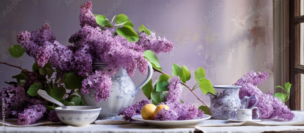 Aufkleber a beautiful vase filled with violet flowers is displayed on a table near a window, adding a pop of c