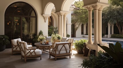 Two-story Mediterranean loggia courtyard with domed brick ceilings stone columns antique fountains and lush outdoor living spaces. - obrazy, fototapety, plakaty