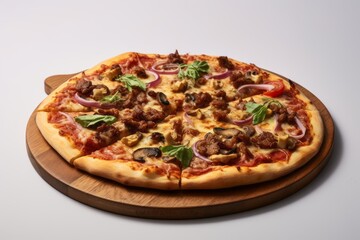 Tasty pizza on a wooden board against a white background