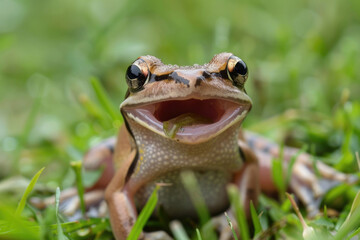 A gliding frog (Rhacophorus reinwardtii) appears to be laughing on grass