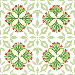 ethnic seamless pattern in bright colors on white background, stylized bouquet of tulips with symmetrical ornament, medallion symbol for wrapping paper, textile