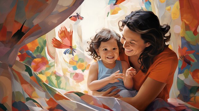 Cheerful mother and baby engaging in a playful game of peek-a-boo amidst a backdrop of vibrant nursery decor.