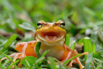 A gliding frog (Rhacophorus reinwardtii) appears to be laughing on grass
