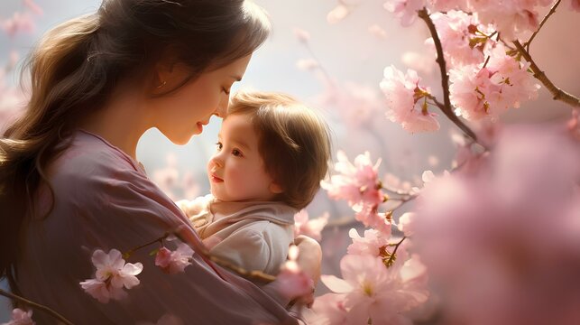 Delicate scene of a mother and child enjoying a peaceful moment, with a soft focus on a background filled with colorful blossoms.
