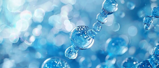 Close-up of round water drops on a shiny blue background