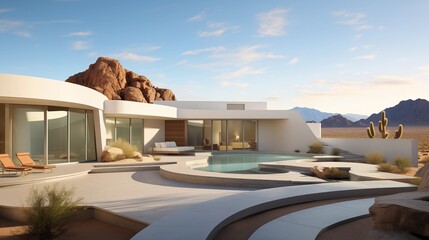 Ultra-modern courtyard home with perpendicular architectural forms integrated into desert landscape. - obrazy, fototapety, plakaty
