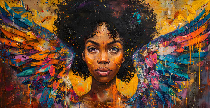 media whimsical painting of a African American angel with wings highres