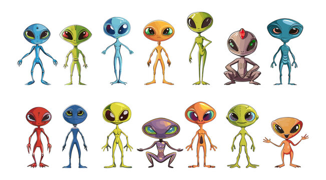 Cartoon aliens characters collection. Ufo people, alien in different poses. Isolated life in universe, space humans, vector set