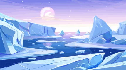 Photo sur Plexiglas Violet Cartoon arctic landscape with water, snowy iced mountains and rocks. North pole problems, melted ices. Winter nature vector background