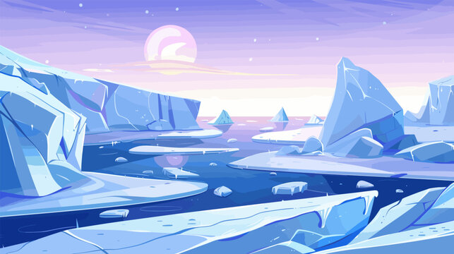 Cartoon arctic landscape with water, snowy iced mountains and rocks. North pole problems, melted ices. Winter nature vector background