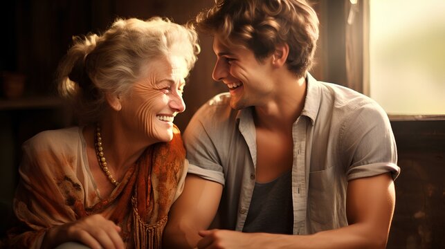 Serene image of a content senior mother and her son, sharing laughter and love against the backdrop of a harmonious family environment.