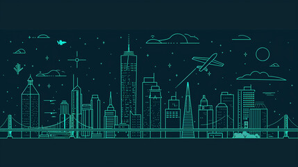 Obraz premium Stylized Linear Cityscape Illustration with Starry Night Sky