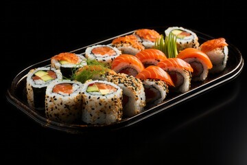 Hearty sushi on a metal tray against a white background