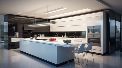 Ultra-modern kitchen with sleek lacquered cabinets state-of-the-art appliances and hidden storage.