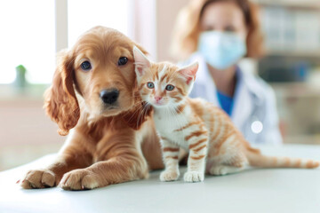 A vet examining a dog and cat at the animal clinic