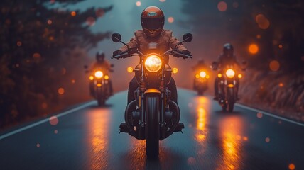 Mystic bikers on a moody forest road