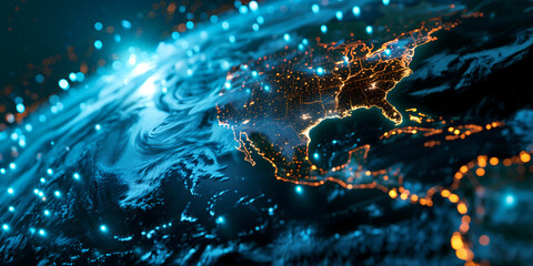 Abstract digital map of USA, concept of North America global network and connectivity, data transfer and cyber technology, information exchange and telecommunication