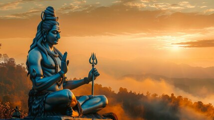Statue of head of indian hindu Lord Shiva hand holding Trident sitting on mountaint in sunset sunris - obrazy, fototapety, plakaty