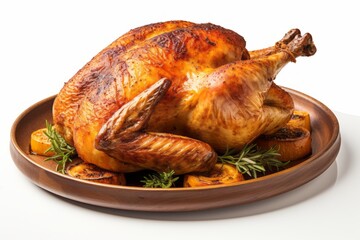 Delicious roast chicken on a rustic plate against a white background