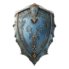 Old ages traditional shield for defense in war engraved pattern design blue shield isolated on a transparent background