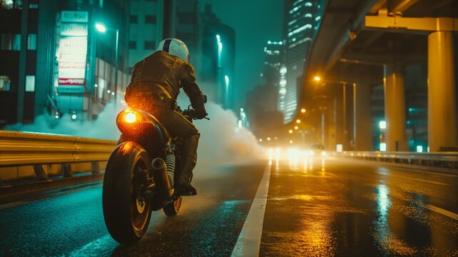 Lone motorcycle rider in urban night setting