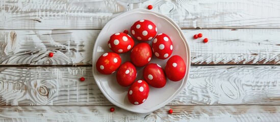 Traditional Easter eggs with red coloring and polka dots arranged on a white plate set against a white wooden backdrop, captured from a top-down perspective. - Powered by Adobe
