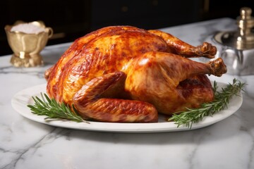 Fototapeta premium Exquisite roast chicken on a marble slab against a white background