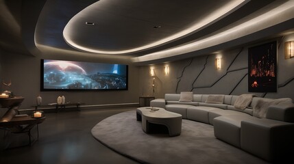 Underground bunker home theater with solid concrete shell raked seating tiers starry night ceilings integrated tech systems and ultra-secure entry.
