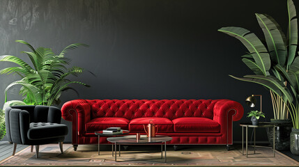 Room interior red sofa in Chesterfield style against a background of a black wall, tropical plant