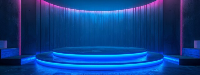 Neon podium background blue light 3D platform product stage dark. Neon pedestal podium background...