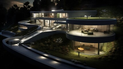 Underground bunker home with concrete walls integrated lighting systems and security control room.