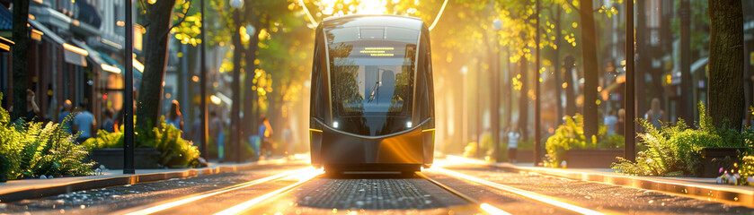 Driverless trams in pedestrian zones, solar panels atop, vibrant streets, wide angle, safe urban environment - obrazy, fototapety, plakaty