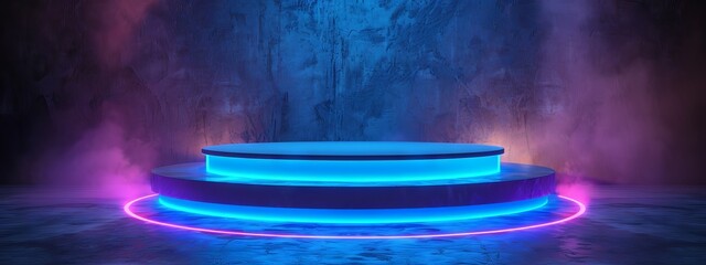 Neon podium background blue light 3D platform product stage dark. Neon pedestal podium background glow scene room circle led stand round display studio game show floor empty effect ring line purple.