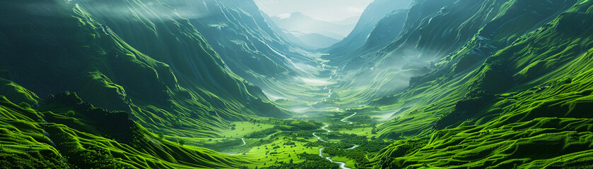 Fototapeta premium Capture a serene blockchain valley, where data flows like rivers between mountains, highlighted by clean, sharp focus and minimal contrast.
